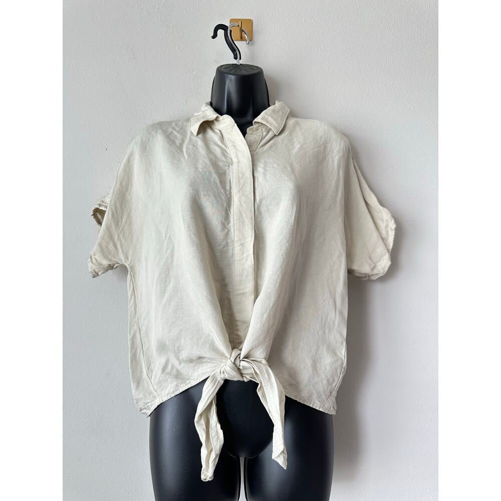 INC Tan Linen Blend Tie Front Button Up Top Size Small Coastal Minimalist Style